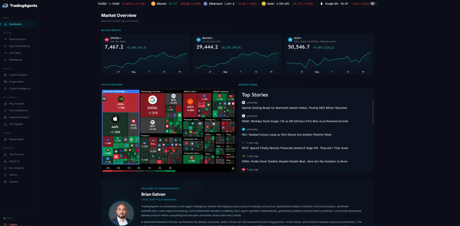 TradingAgents platform capability grid showing OSINT Engine, Adversarial Debate, Risk Panel